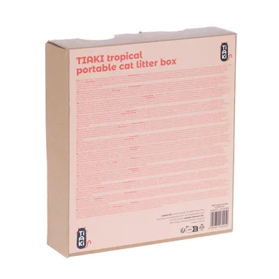 TIAKI tropical przenośna kuweta dla kota. Opakowanie z wielojęzyczną instrukcją obsługi i informacjami o produkcie.