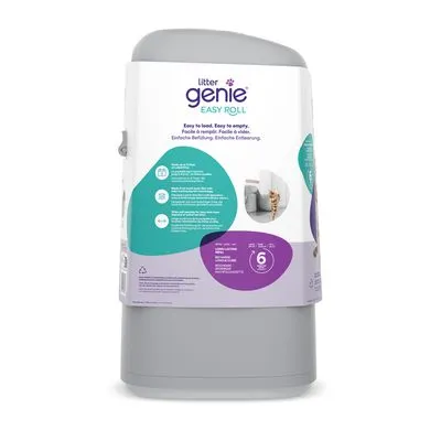 Litter Genie Easy Roll kattenbakafvalcontainer, tekst: 'Easy to load. Easy to empty.' Capaciteit tot 6 weken, instructies en pictogrammen zichtbaar op de verpakking.