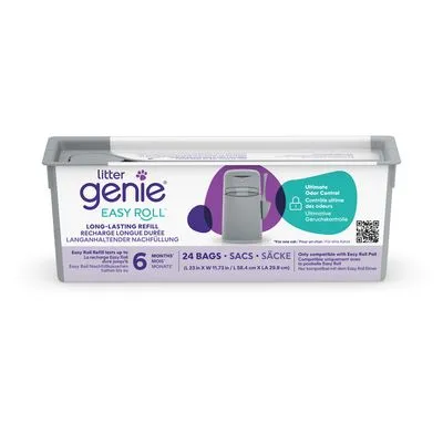 Litter Genie Easy Roll navulling, 24 zakken, ultieme geurcontrole, geschikt voor Easy Roll pail. Langdurige navulling tot 6 maanden. Afmetingen: 8,23 cm x 19,73 cm x 29,98 cm.