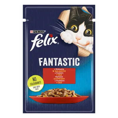 Purina Felix Fantastic z wołowiną w galarecie. Bez barwników, ten sam wspaniały smak.