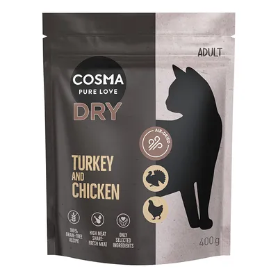 Cosma Pure Love Dry Adult, luftgetrocknet, Truthahn und Huhn, 100% getreidefrei, hoher Fleischanteil aus frischem Fleisch, nur ausgewählte Zutaten, 400g.