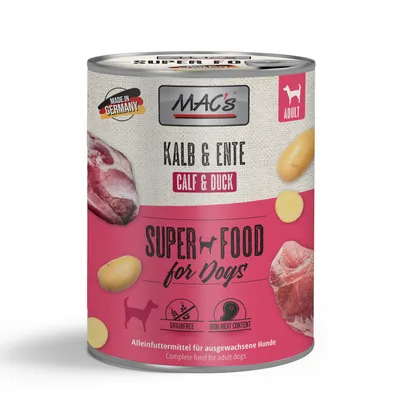 MAC's borjú & kacsa Super Food kutyáknak, Németországban készült, felnőtt, gabonamentes, magas hústartalom. Teljes értékű eledel felnőtt kutyáknak.