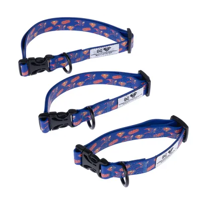 Trois colliers bleus pour chien avec motifs Superman, fermoirs en plastique noir et anneaux métalliques. Étiquette visible : DC Superman, texte anglais.
