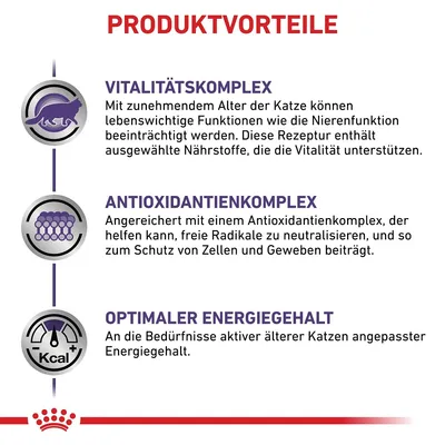 Vantaggi del prodotto: complesso vitalità per supportare le funzioni vitali, complesso antiossidante per proteggere cellule e tessuti, contenuto energetico ottimale per gatti anziani attivi.