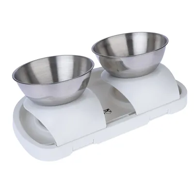 Double bowl set with two stainless steel bowls on a white plastic stand, suitable for food and water.