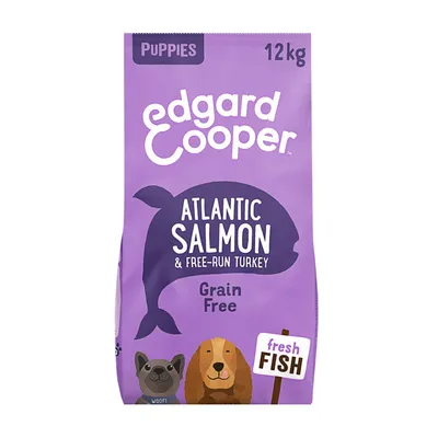 Edgard Cooper Atlantic Salmon & Free-Run Turkey hondenvoer voor puppies, 12 kg, grain free, fresh fish. Paarse verpakking met illustraties van twee honden.