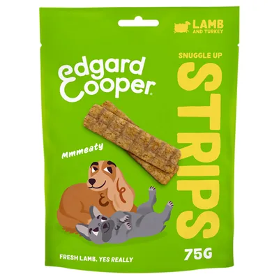 Edgard Cooper Snuggle Up Strips, lam en kalkoen, 75 g. Tekst op verpakking: Mmmeaty, Fresh lamb, yes really.