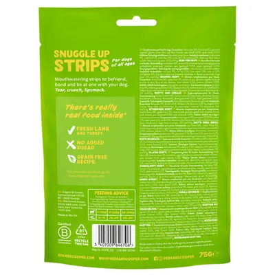 Edgard & Cooper Snuggle Up Strips voor honden, met verse lam en kalkoen, geen toegevoegde suikers, graanvrij. Voedingsadvies per gewicht zichtbaar. Inhoud: 75 g.