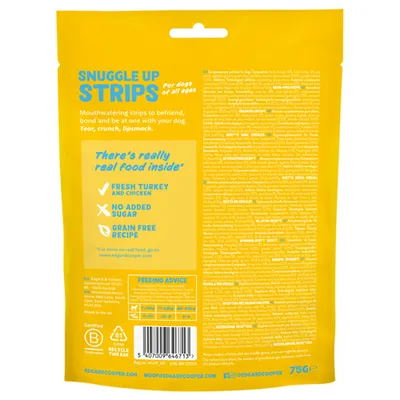 Edgard & Cooper Snuggle Up Strips voor honden, tekst: 'Fresh turkey and chicken', 'No added sugar', 'Grain free recipe'. Voedingsadvies per hondengewicht zichtbaar. Inhoud 75 g.