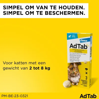 Elanco AdTab kauwtabletten voor katten 2 tot 8 kg, verpakking met 3 tabletten. Tekst: Simpel om van te houden. Simpel om te beschermen. Voor katten met een gewicht van 2 tot 8 kg.