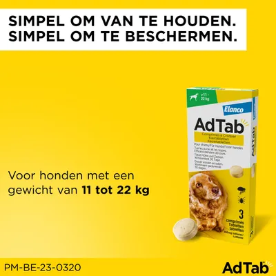 AdTab kauwtabletten voor honden 11 tot 22 kg, verpakking met hond en tabletten. Tekst: Simpel om van te houden. Simpel om te beschermen. 3 tabletten, Elanco merk.