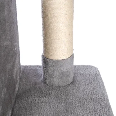 Árbol rascador con funda de felpa gris y poste envuelto en sisal, apto para gatos para rascar y jugar.