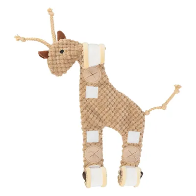 Toy in giraffe shape made of beige fabric with textured surface, white and brown accents, and sewn-on details.