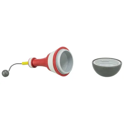 Jouet pour animaux en plastique et caoutchouc, composé d’un cône rouge et blanc avec tige métallique terminée par une boule grise, et d’une demi-sphère grise détachable.