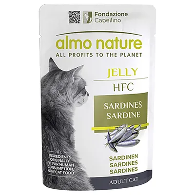 Opakowanie almo nature Jelly HFC Sardines dla dorosłych kotów, widoczny napis: 'ALL PROFITS TO THE PLANET', 'Fondazione Capellino', ilustracja kota i sardynek.