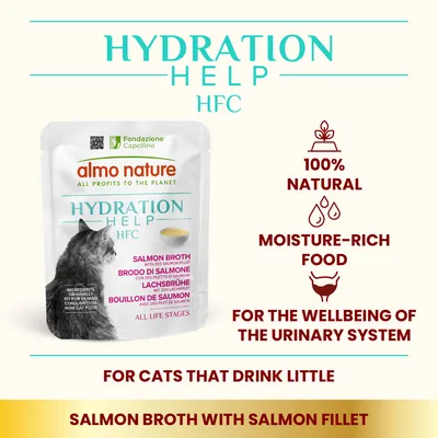 almo nature HYDRATION HELP HFC, Salmon Broth with 25% Salmon Fillet, 100% natural, moisture-rich food, for cats that drink little, pre zdravie močového systému. Text v angličtine.