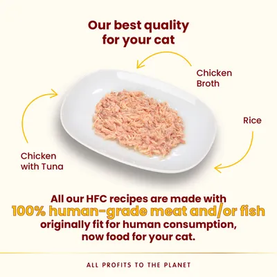 Image showing chicken with tuna, chicken broth and rice on a plate. Text states HFC recipes use 100% human-grade meat and/or fish, originally fit for human consumption.