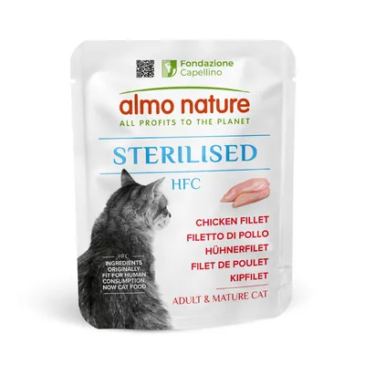 Sterilised HFC chicken fillet for adult and mature cats. Ingredients originally fit for human consumption, now cat food. All profits to the planet. Multilingual product text shown.