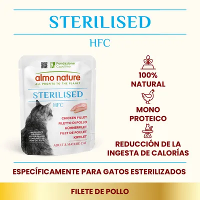almo nature STERILISED HFC, filete de pollo para gatos esterilizados. 100 % natural, monoproteico, reducción de la ingesta de calorías. Específicamente para gatos esterilizados.