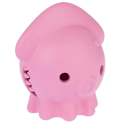 Jouet pour animal en forme de pieuvre rose, avec plusieurs trous visibles et surface en caoutchouc ou plastique. Aucun texte ni marque apparente.