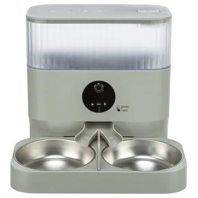 Automatic feeder with two stainless steel bowls, transparent container and control panel with feed button.