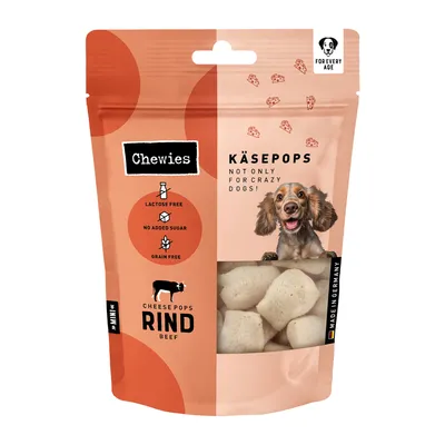 Chewies Käsepops Rind, laktosefrei, ohne Zuckerzusatz, getreidefrei. Made in Germany. Für jeden Hund geeignet. Sichtbare Verpackung mit Produktabbildung und Hundebild.