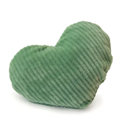 Heart-shaped green fabric toy with ribbed surface.