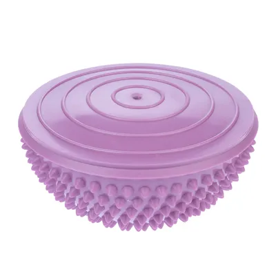 Spazzola massaggiante viola con cerchi rotondi sulla parte superiore e punte appuntite sulla parte inferiore, in plastica.