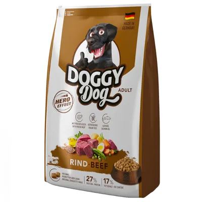 Doggy Dog Adult говядина с свежим мясом, без зерна, лососевое масло. Сделано в Германии. Hero Effect. 27% белка, 17% жира. Оригинальное изображение крокет.