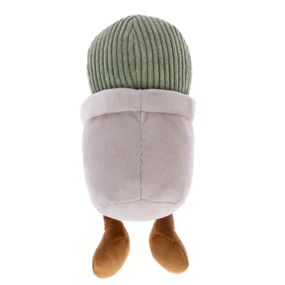 Jouet en peluche pour animaux en forme de cactus vert côtelé dans un pot beige avec deux pieds marron, matières visibles : tissu et peluche.