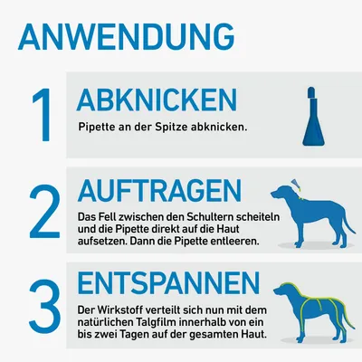 Anwendungsschritte: 1. Pipette an der Spitze abknicken. 2. Fell zwischen den Schultern scheiteln, Pipette auf die Haut setzen und entleeren. 3. Wirkstoff verteilt sich über die Haut.