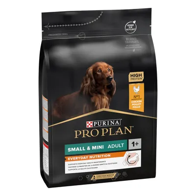Sac de croquettes Purina Pro Plan Small & Mini Adult 1+ Everyday Nutrition, riche en protéines, poulet ingrédient n°1, pour chiens adultes de petite et mini taille. Texte en anglais et français.