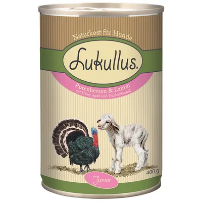 Lukullus Naturkost für Hunde, Putenherzen & Lamm mit Hirse, Apfel und Traubenkernöl, Junior, 400 g. Prikaz purana i janjeta na pakiranju.