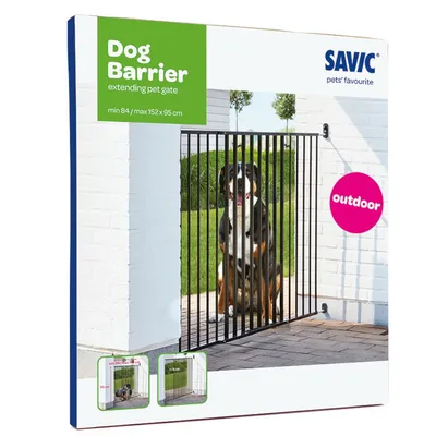 Confezione Savic Dog Barrier, cancello estensibile per cani da 84 a 152 x 95 cm, scritta outdoor, immagine di cane dietro barriera nera in metallo, testo: extending pet gate.
