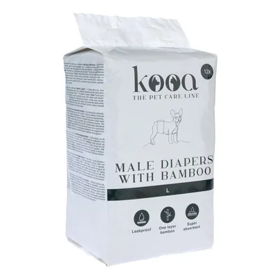 kooa THE PET CARE LINE, MALE DIAPERS WITH BAMBOO, taille L, 12x. Pictogrammes : étanche, une couche bambou, super absorbant. Texte en anglais.