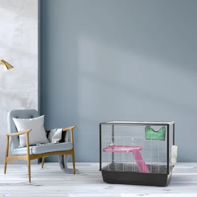 Cage pour rongeur avec base noire, étage et rampe roses, abreuvoir transparent fixé à l’extérieur, gamelle métallique et maisonnette verte visibles à l’intérieur.