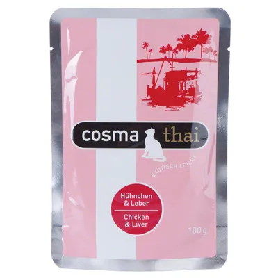 Συσκευασία cosma thai, Hühnchen & Leber, Chicken & Liver, 100 g. Ορατό σχέδιο με φοίνικες και γάτα. Κείμενο στα γερμανικά και αγγλικά.