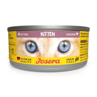 Josera Kitten wet food with chicken, anti-hairball, grain-free, German quality. No added sugar or preservatives. Analysis: protein 26.3%, fat 5.6%, moisture 82%.