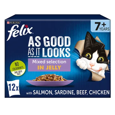 Purina Felix As Good As It Looks, Mixed selection in jelly, 12x z łososiem, sardynką, wołowiną, kurczakiem, dla kotów 7+ lat. Bez barwników. Widoczny talerz karmy i grafika kota.