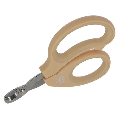Nail scissors with beige plastic handles and stainless steel blades, suitable for precise cutting.