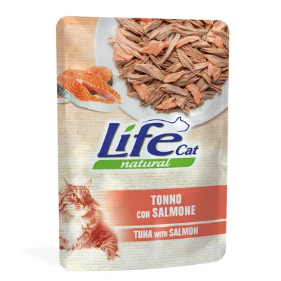 Life Cat natural, tuńczyk z łososiem. Opakowanie z wizerunkiem tuńczyka i łososia.