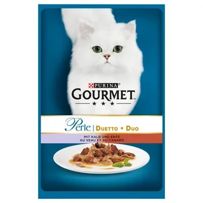 Purina Gourmet Perle Duetto Duo cat food pouch, visible text: mit Kalb und Ente, au veau et au canard. Image shows a white cat and a plate with meat pieces in sauce.
