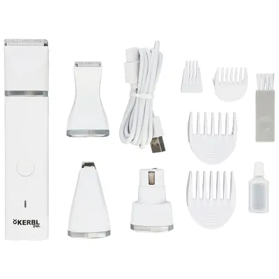 Kerbl Pet Trimmer-Set mit Hauptgerät, drei Aufsätzen, USB-Kabel, vier Kammaufsätzen, Reinigungsbürste und Ölfläschchen. Zubehör für Fellpflege.