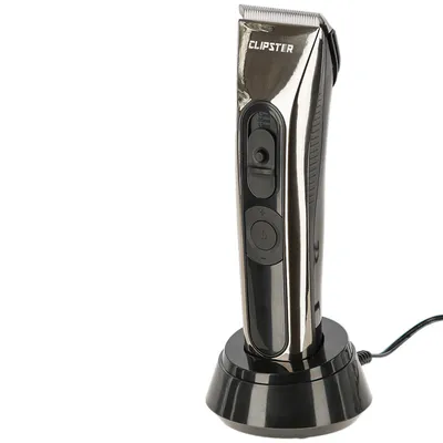 Clipster maszynka do strzyżenia z stacją ładującą, srebrno-czarna, widoczne elementy sterujące i oznaczenia długości cięcia: 15mm, 18mm, 16mm.