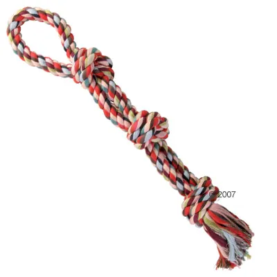 Sznur do zabawy dla psa z kolorowej, plecionej bawełny, trzy węzły i pętelka na jednym końcu, widoczne wielokolorowe pasma.