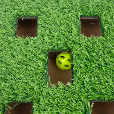 Toy with green artificial grass and yellow ball in a hole. Encourages interactive play through hiding and searching.