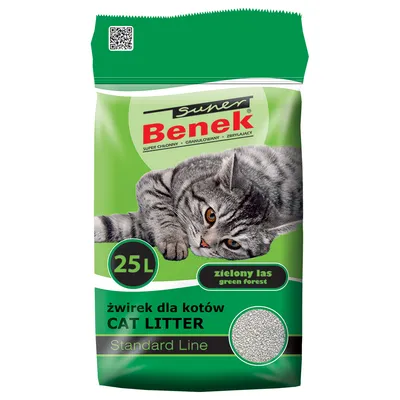 Super Benek cat litter, 25L, Standard Line, scent: green forest. Packaging shows a grey cat and granulated litter.