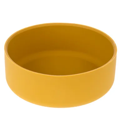 Ciotola gialla per alimenti in plastica, rotonda e senza decorazioni visibili.