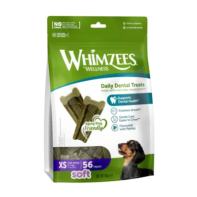 Whimzees Wellness Daily Dental Treats, XS für Hunde 2-7kg, 56 Stück, hypoallergen, glutenfrei, mit Petersilie, unterstützt Zahngesundheit, frischer Atem, sanft für ältere Hunde. Whimzees Wellness Daily Dental Treats, XS für Hunde 2-7kg, 56 Stück, hypoallergen, glutenfrei, mit Petersilie, unterstützt Zahngesundheit, frischer Atem, sanft für ältere Hunde.