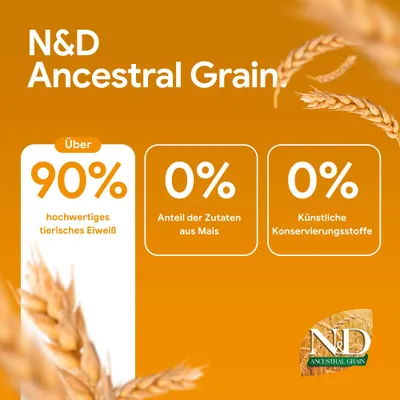 N&D Ancestral Grain: Über 90% hochwertiges tierisches Eiweiß, 0% Anteil der Zutaten aus Mais, 0% künstliche Konservierungsstoffe. N&D Ancestral Grain: Über 90% hochwertiges tierisches Eiweiß, 0% Anteil der Zutaten aus Mais, 0% künstliche Konservierungsstoffe.